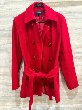 Nine West Women's Red Double-Breasted Belted Coat